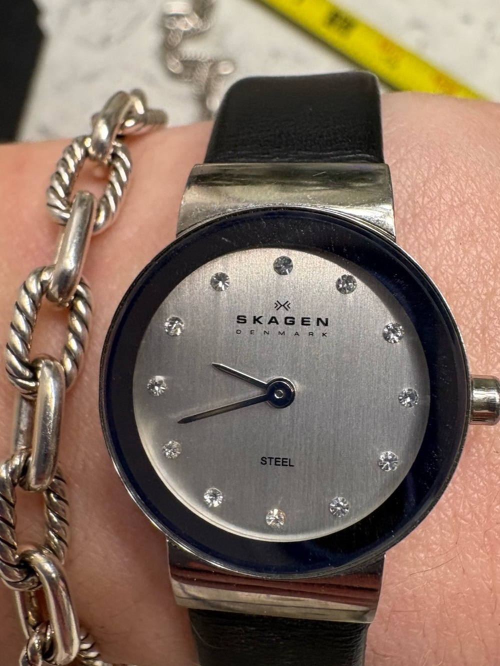 New Battery Skagen Silver Dial Watch with Black Leather Strap